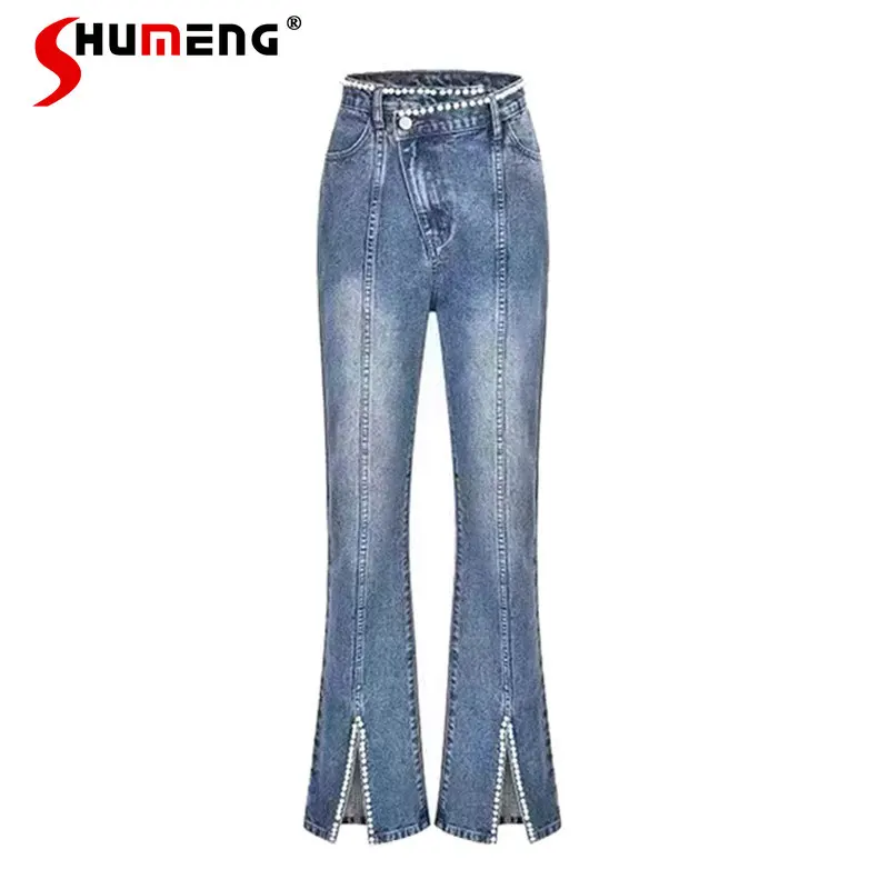 

Женские джинсы с бусинами, синие расклешенные джинсы с разрезом, новинка весны 2022, эластичные хлопковые джинсовые брюки с высокой талией и ж...