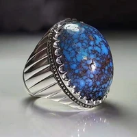 hot sale silver color big round natural stone mens finger ring for male party wholesale fashion jewelry size 6 13