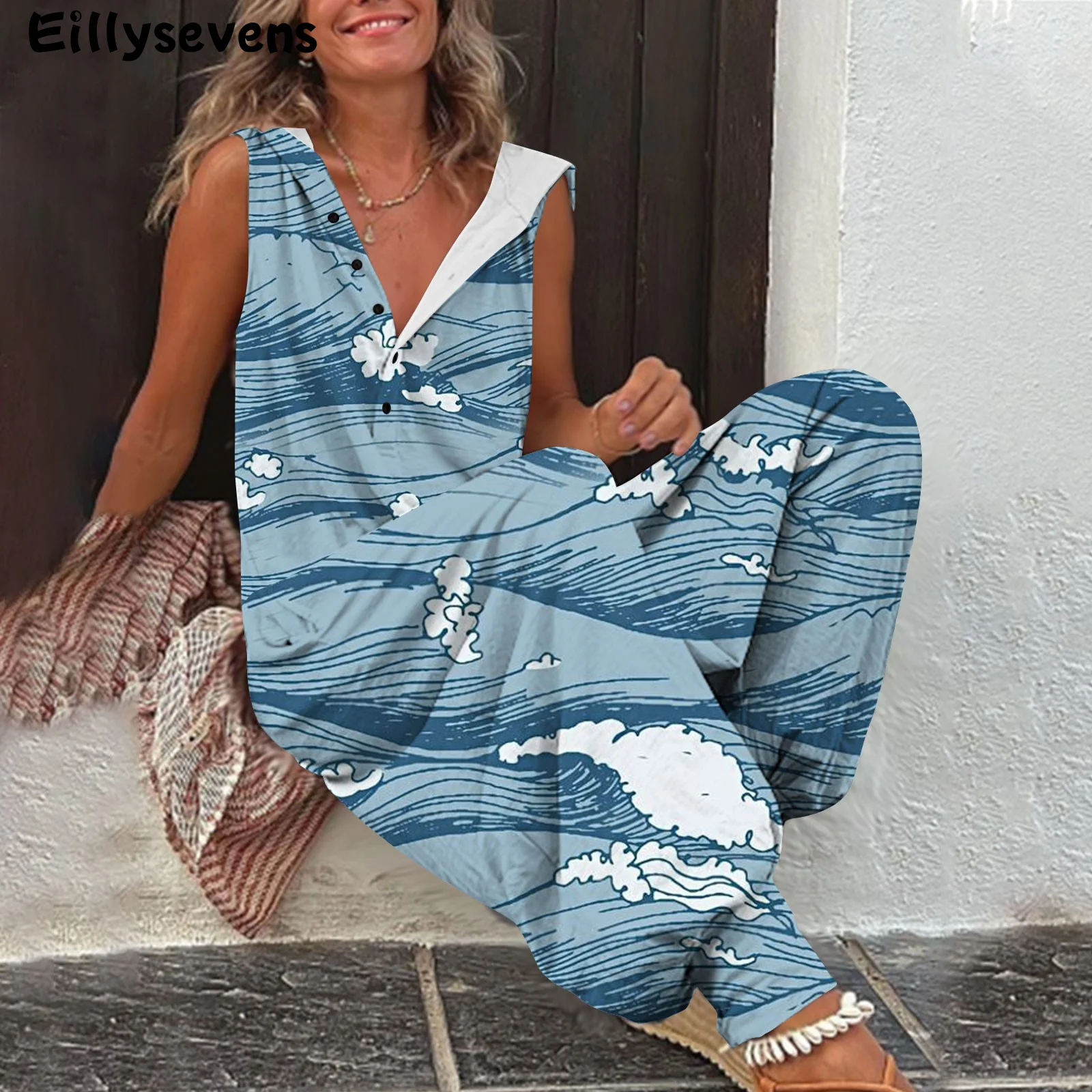 

Casual Overalls For Women 2023 Summer Loose Hooded Jumpsuit Fashion Printed Wide Leg Beach Romper Combinaison Femmes
