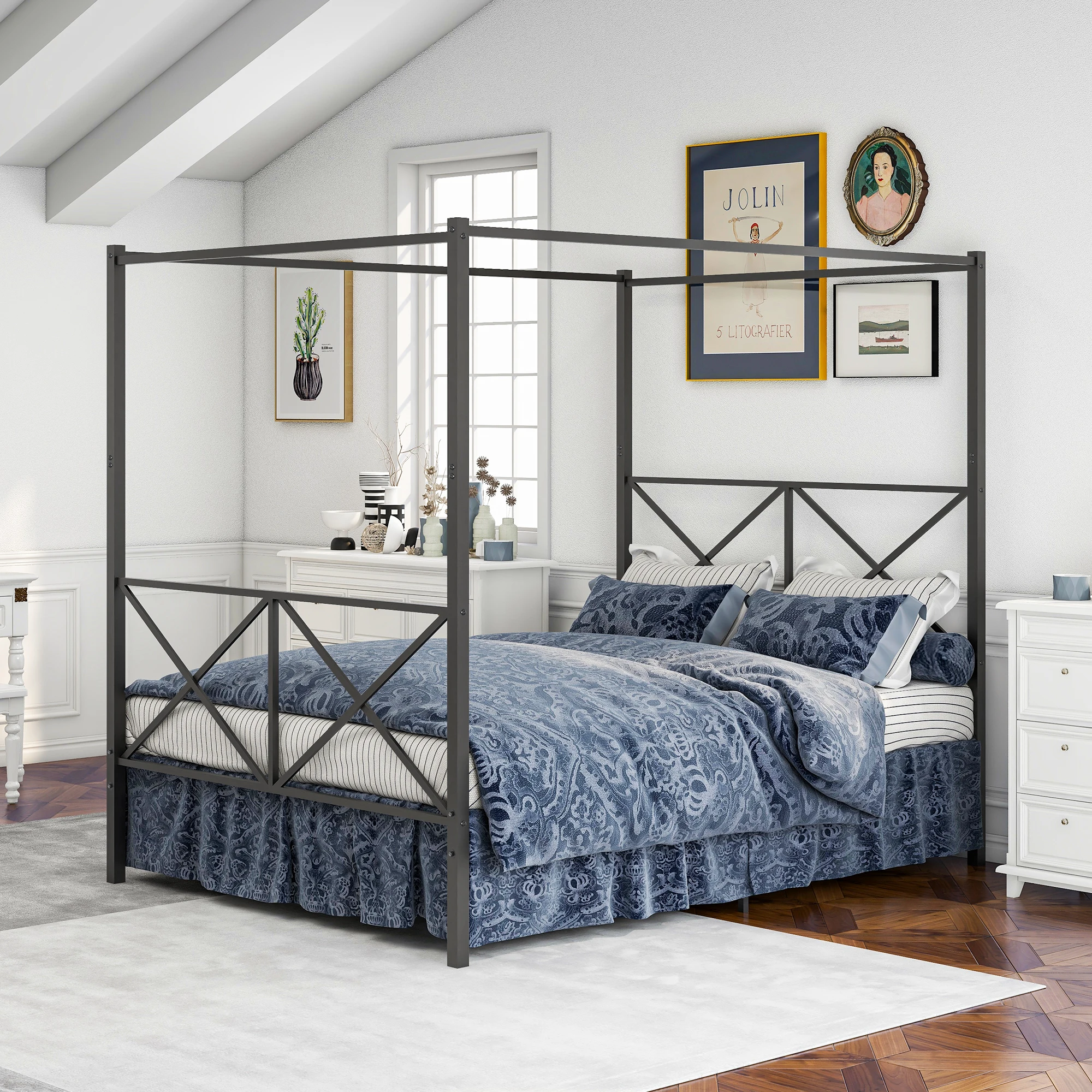 Bed Frame Platform Bed Frame With X Shaped Headboard&footboard Easy Diy Assembly Black[us-stock]