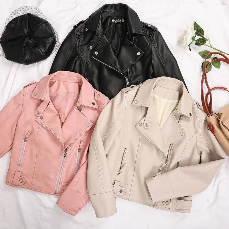 

Женская Короткая кожаная куртка для девушек, розового цвета, весна-осень 2022, корейский студент, мотоциклетная кожаная куртка