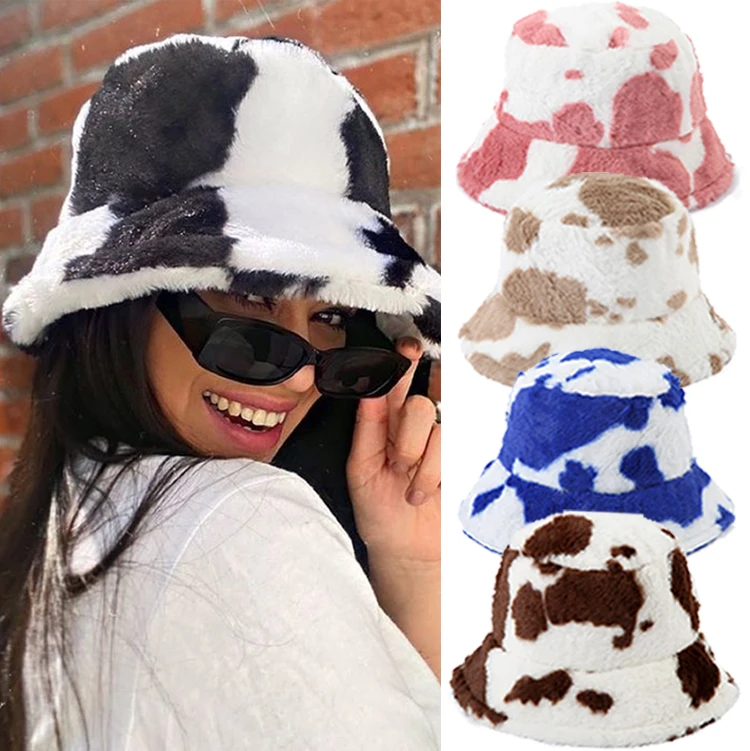 

Women Cow Print Plush Bucket Hats Winter Outdoor Keep Warm Hat Trendy Ear Protection Fisherman Cap Soft Velvet Furry Panama Caps