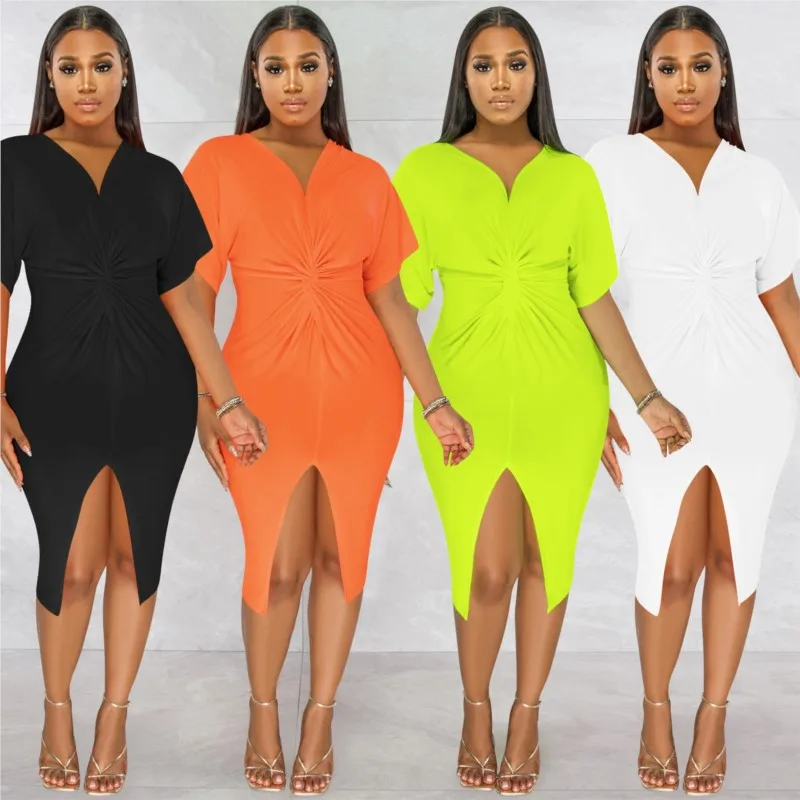 

Women Clothing Summer 2023 Beach Dress Swimwear Cover Up Maxi New Leisure Pure Color Short Sleeve Neck Split Female Solid