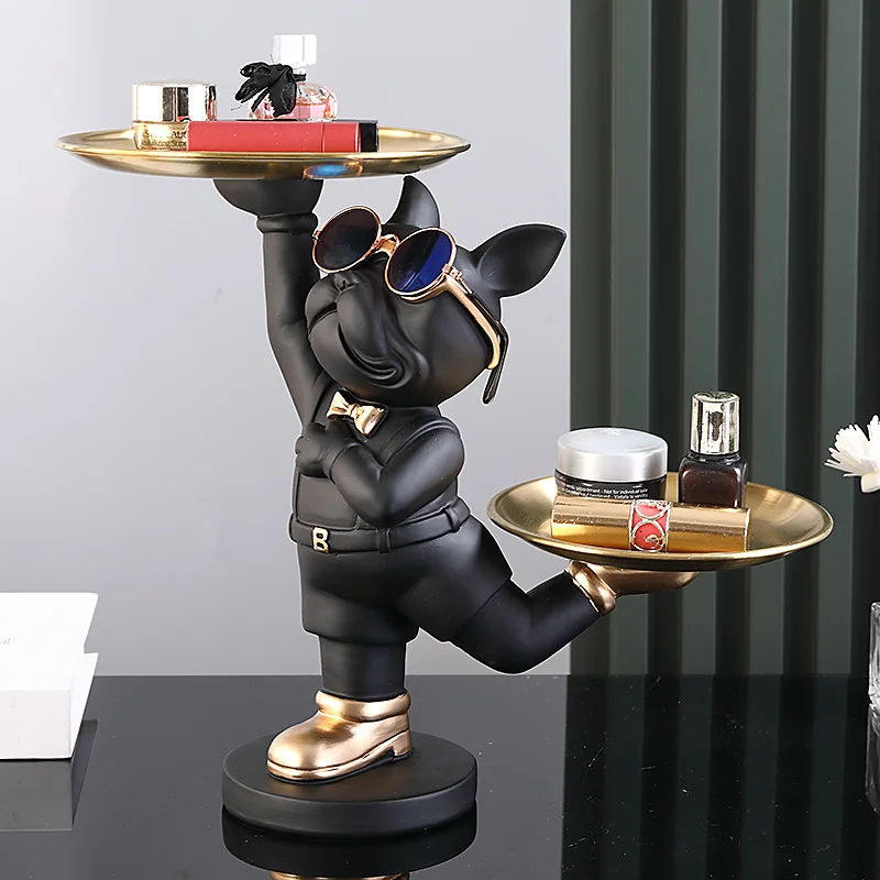 

Cool French Bulldog Statue with Double Tray Resin Dog Sculpture Home Decor Animal Figurines for Home Room Table Decoration Gifts