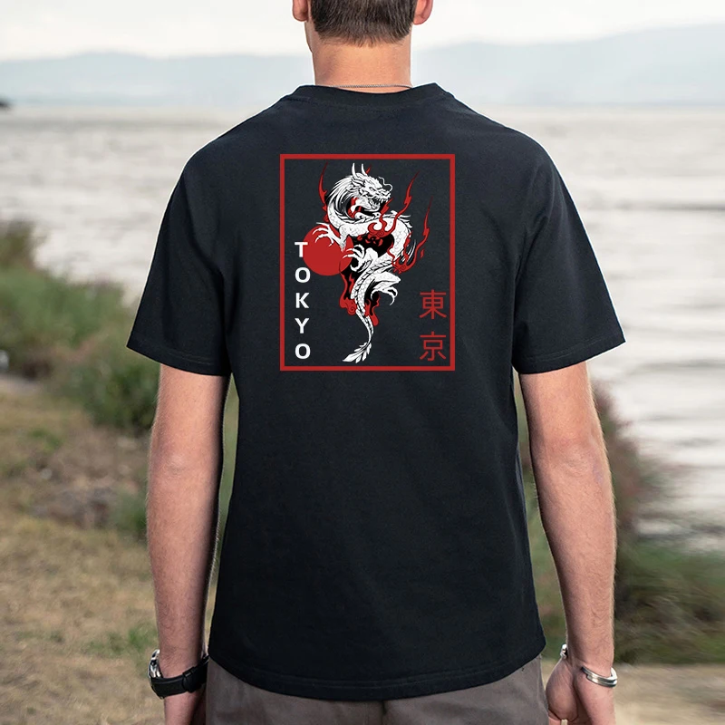 

Men's Cotton T-Shirt With Short Sleeves Casual Streetwear Summer Anime Top Graphic T Shirts Male TOKYO Dragon Japanese Clothing