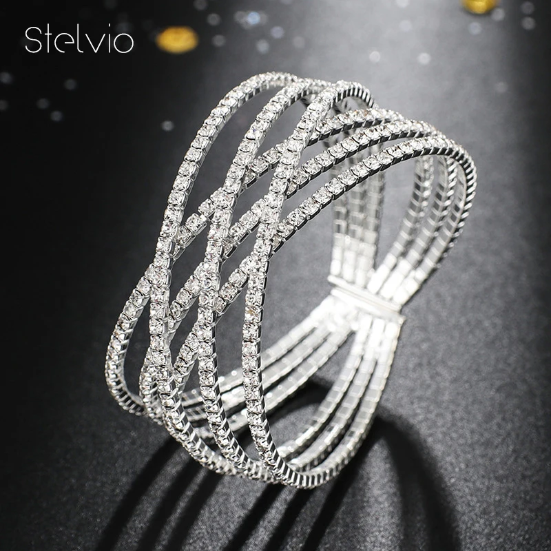 

Six Rows Cross Rhinestone Cuff Bracelet For Women Luxury Designer Jewelry Accessories