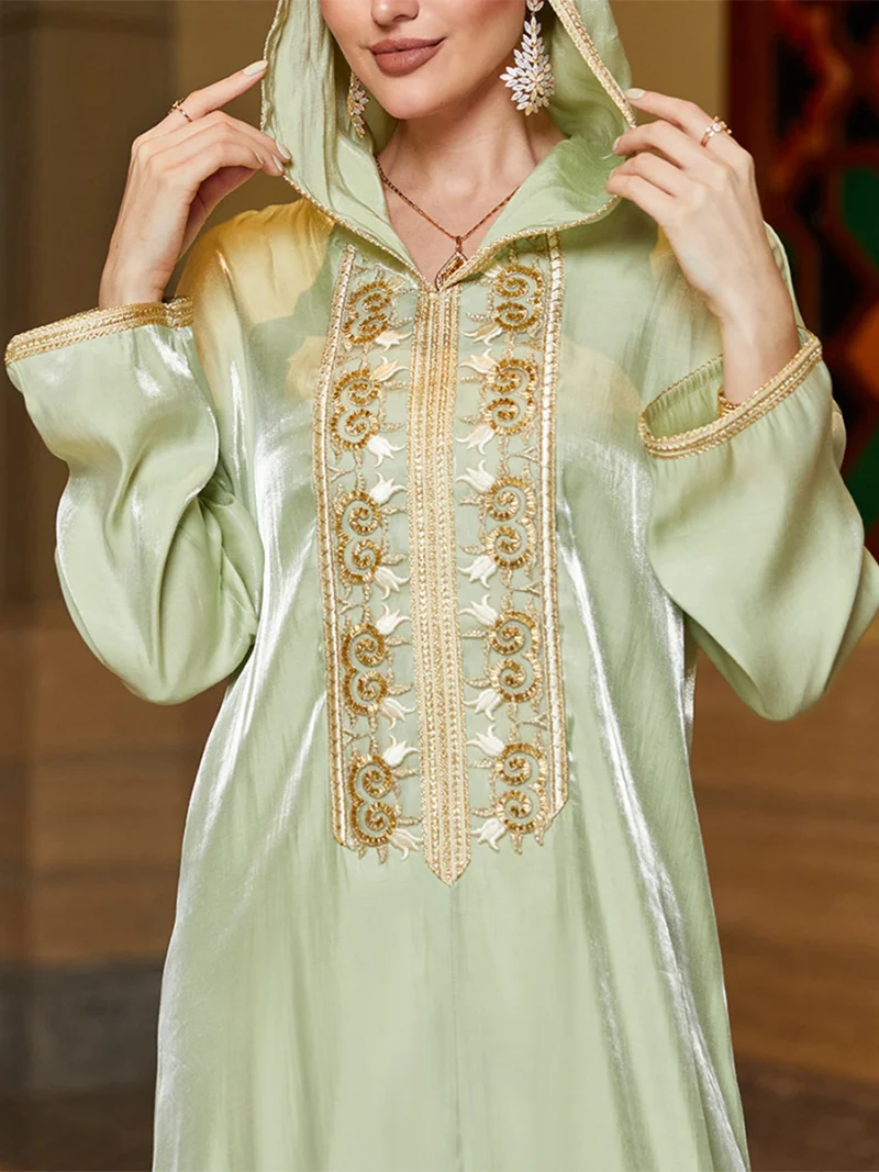 Floral Embroidery Lace Tape Hooded Dress Luxury Diamonds Solid Color Shiny Abaya For Women Dubai 2023 New in Dresses