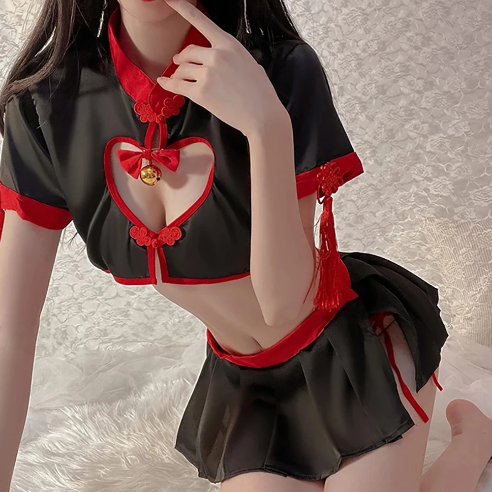 

Women Sexy Hollow Out Lingerie Set Retro Uniform Bow Bell Tassel High Collar Erotic Temptation Sensual Dress Underwear