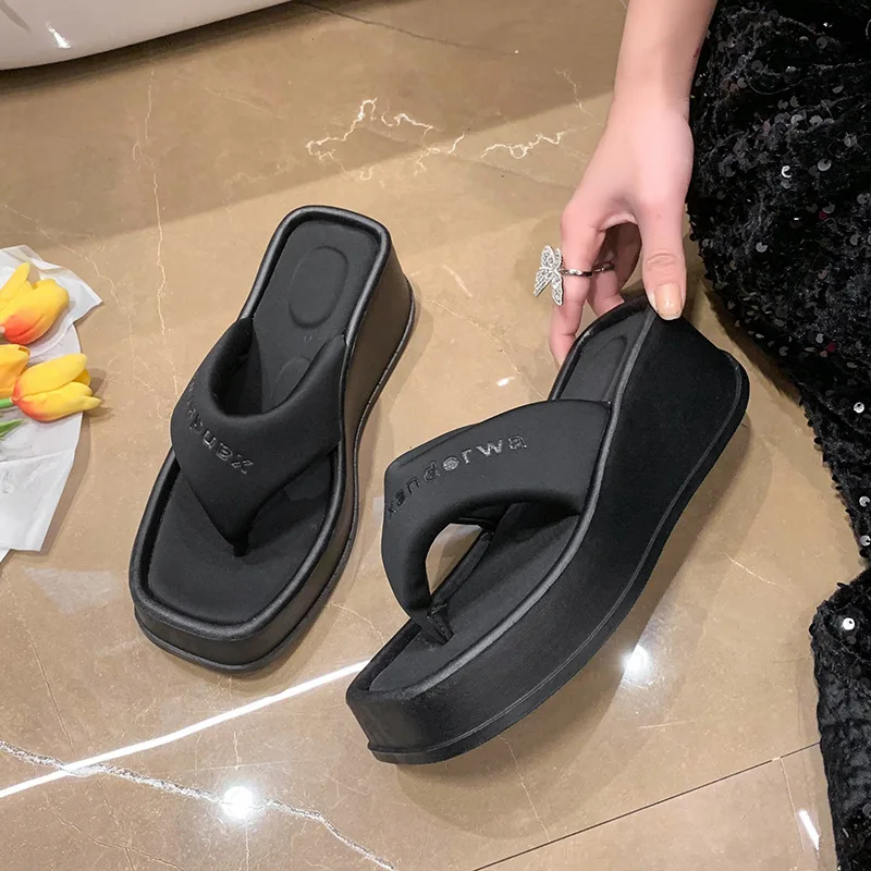 2023 Summer Thick Sole Wedges Flip-Flops Women Chunky Platform Beach Slippers Woman Plus Size 43 Clip Toe Wedge Heeled Sandals