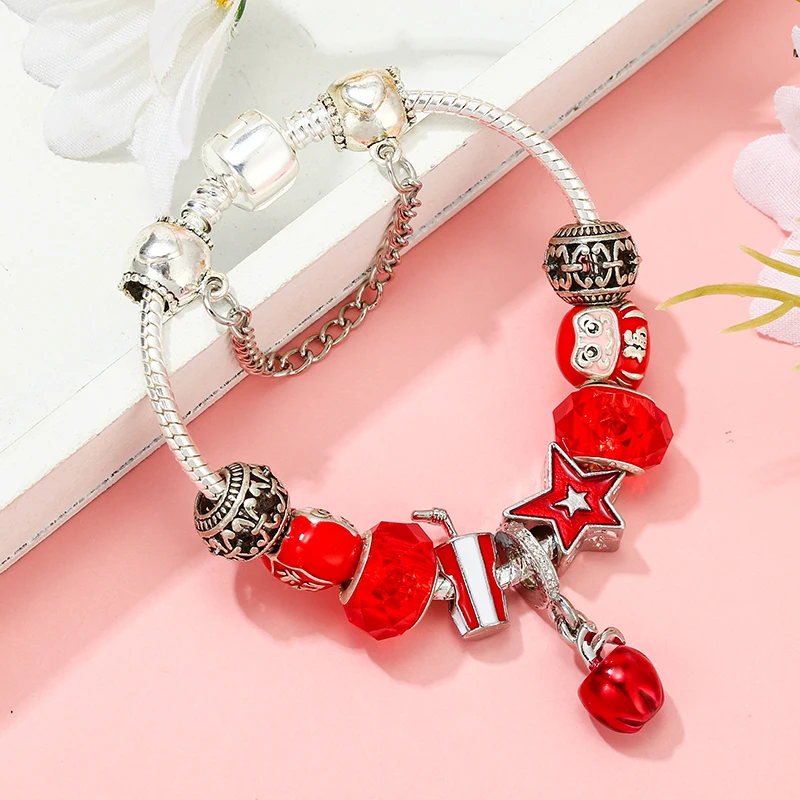Цепочка из бусин с красными яблоками напитками и звездами кулоном Fu