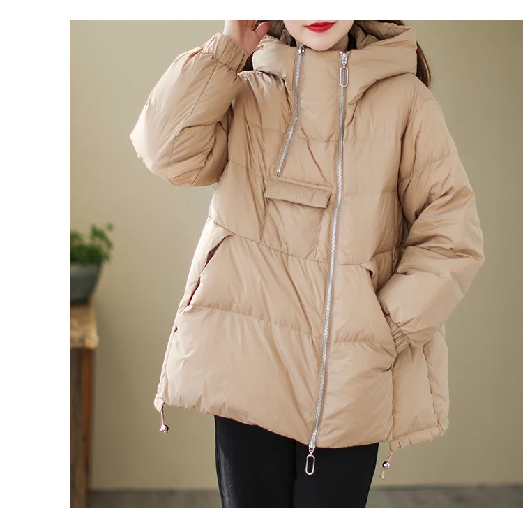 

Women White Duck Down Jacket Hoodie Korean Style Loose Over Size Pullover Coat Autumn Winter Hood Outwear