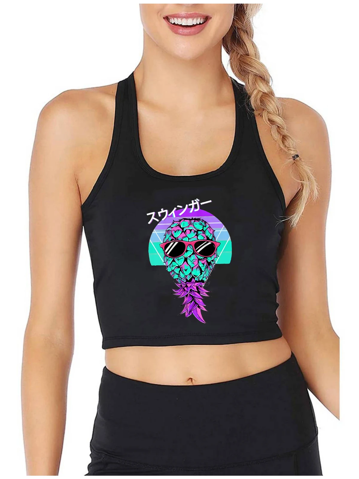 

Vaporwave Aesthetic Design Upside Down Pineapple Graphic Tank Tops Hotwife Sexy Flirtation Crop Top Swinger Naughty Camisole