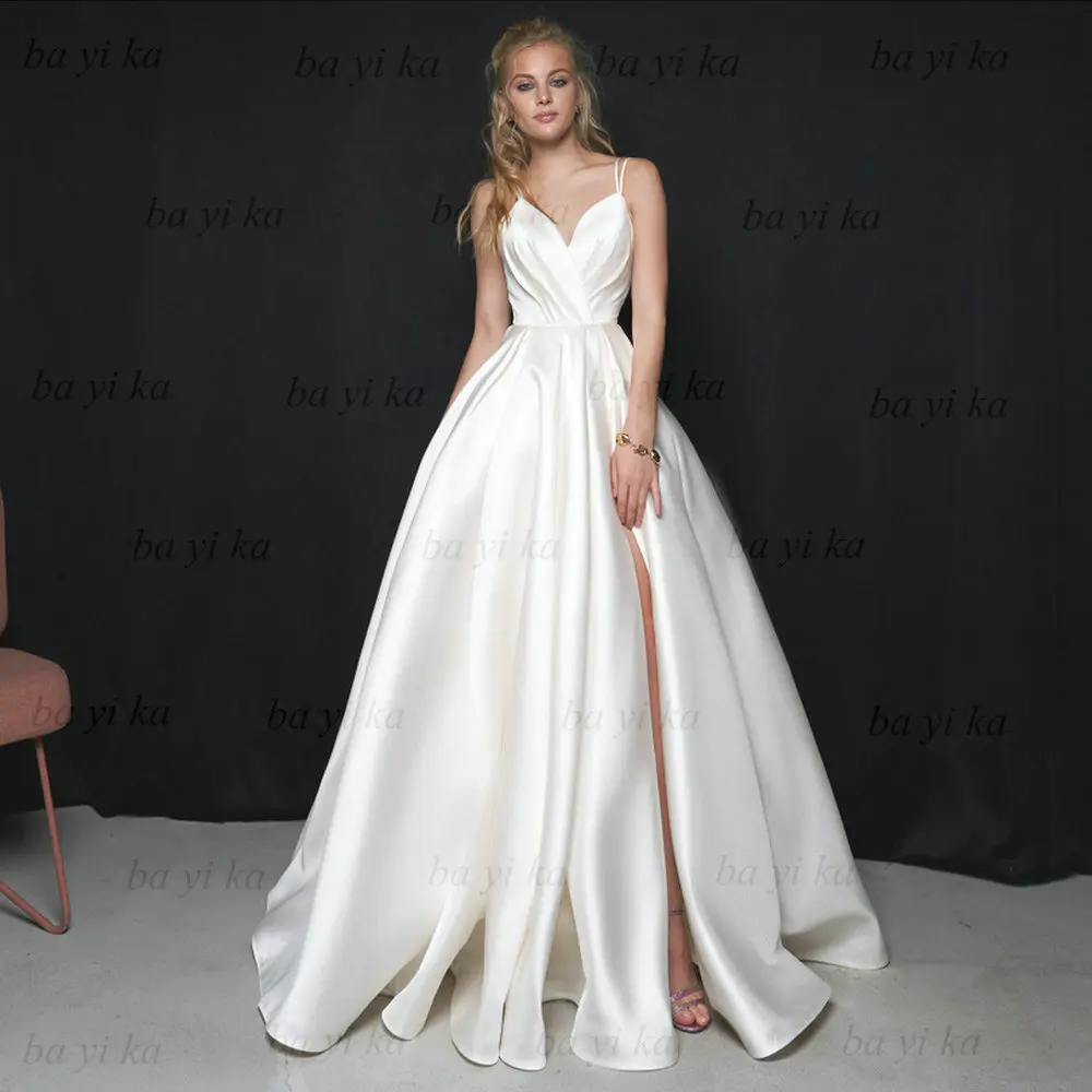 

Женское атласное свадебное платье It's yiiya, белое платье на бретелях-спагетти без рукавов с V-образным вырезом на лето 2019
