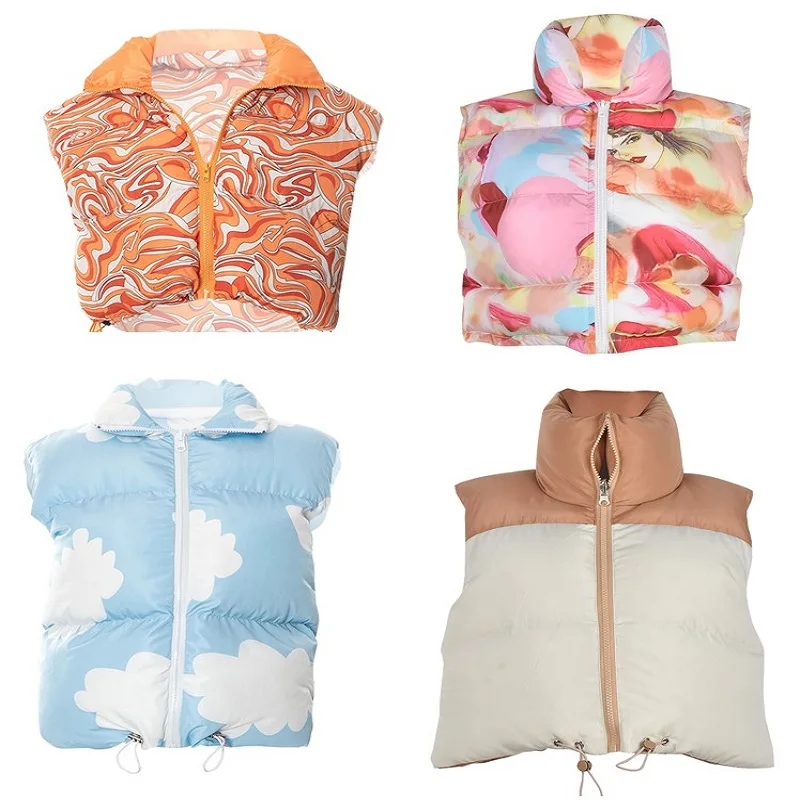 

Puffy Waistcoat Print Double-sided Wearable Jacket Coat Women Casual Stand Collar Sleeveless Hipster Padded Cropped Streetwear
