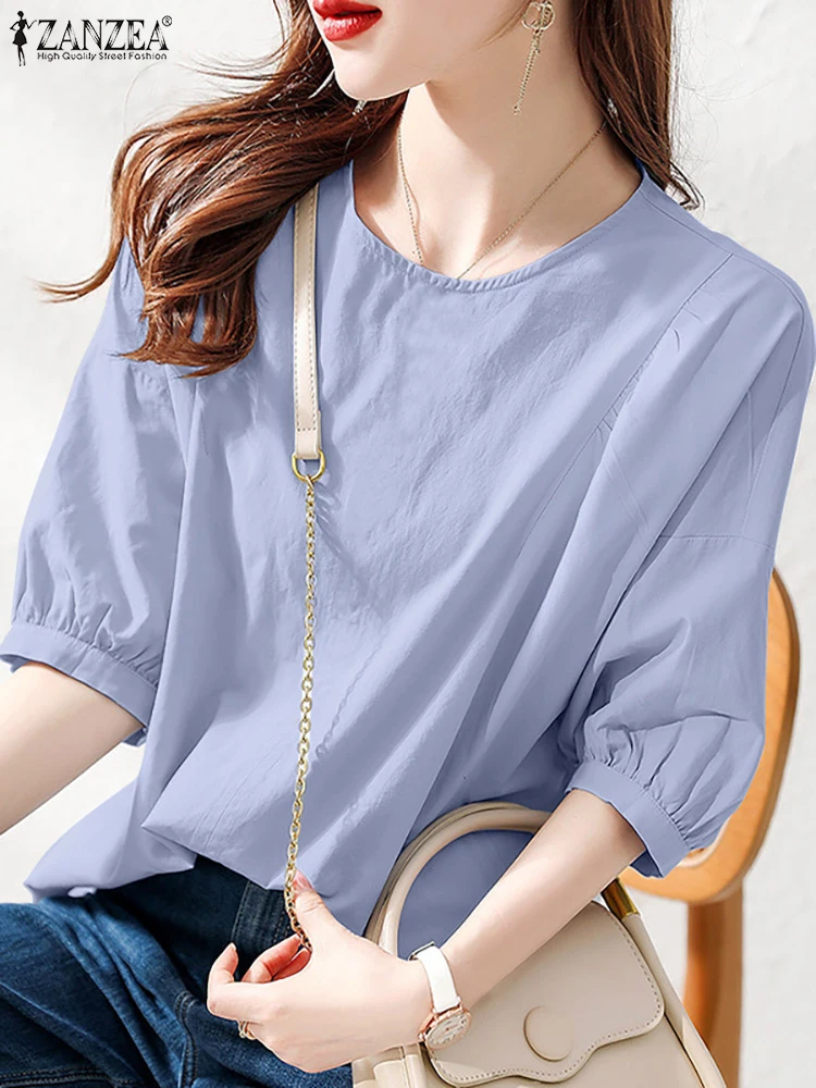

ZANZEA Elegant Women's Blouse Autumn 3/4 Sleeve O-Neck Solid Color Tops Vintage Fashion Causal Tops Holiday Beach Loose Shirt