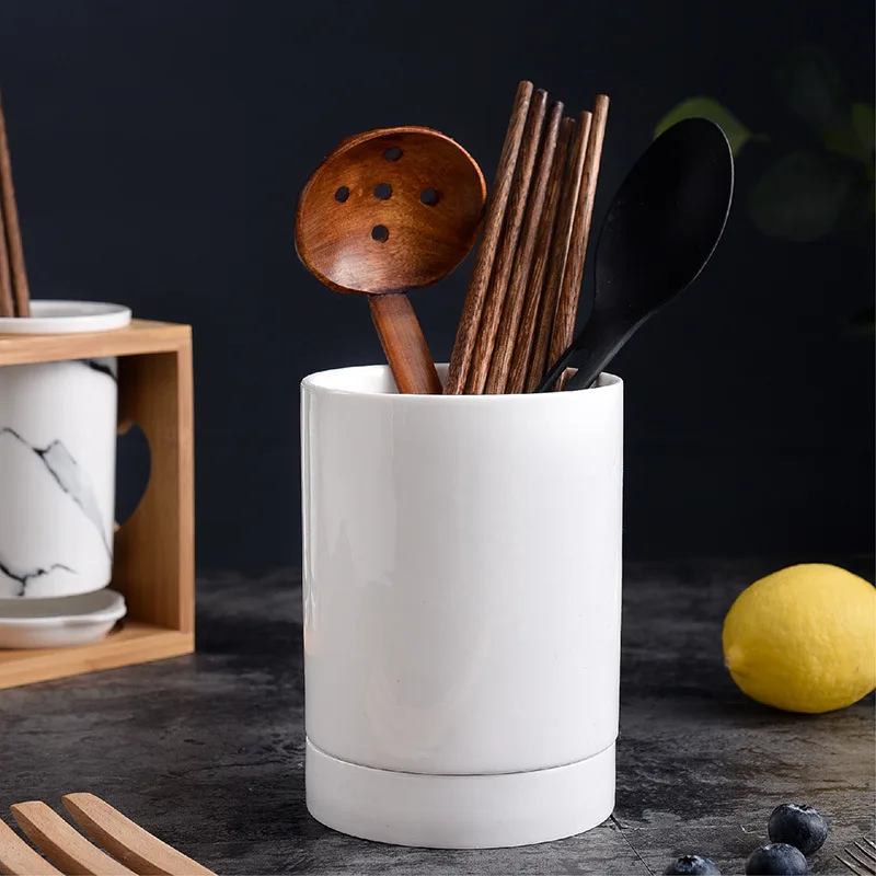 

White Ceramic Utensil Bucket Porcelain Cutlery Container Silverware Forks Spoons Organization Storage Jar Kitchen Drying Drainer