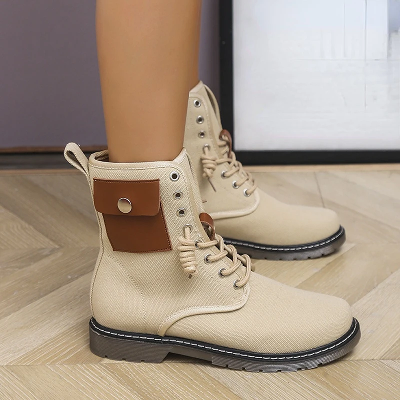 

Trend Ankle Boots Women Platform Motorcycle Shoes Leopard Lace Up Comfortable Punk Style Short Boot Pocket Design Female Boots