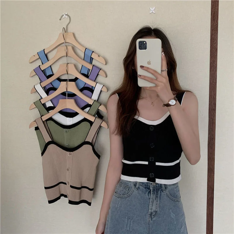 

Korean color matching stripes crop tops knitted sleeveless camis for women 2022 new all-match slim fit solid color camisole