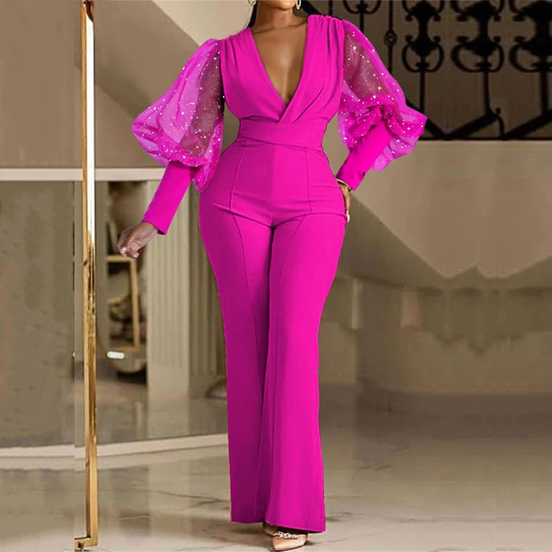 

Elegant See-through Mesh Long Sleeve Jumpsuits Women Sexy Deep V-neck Waist Playsuits Office Fashion Solid Flared Pants Overalls