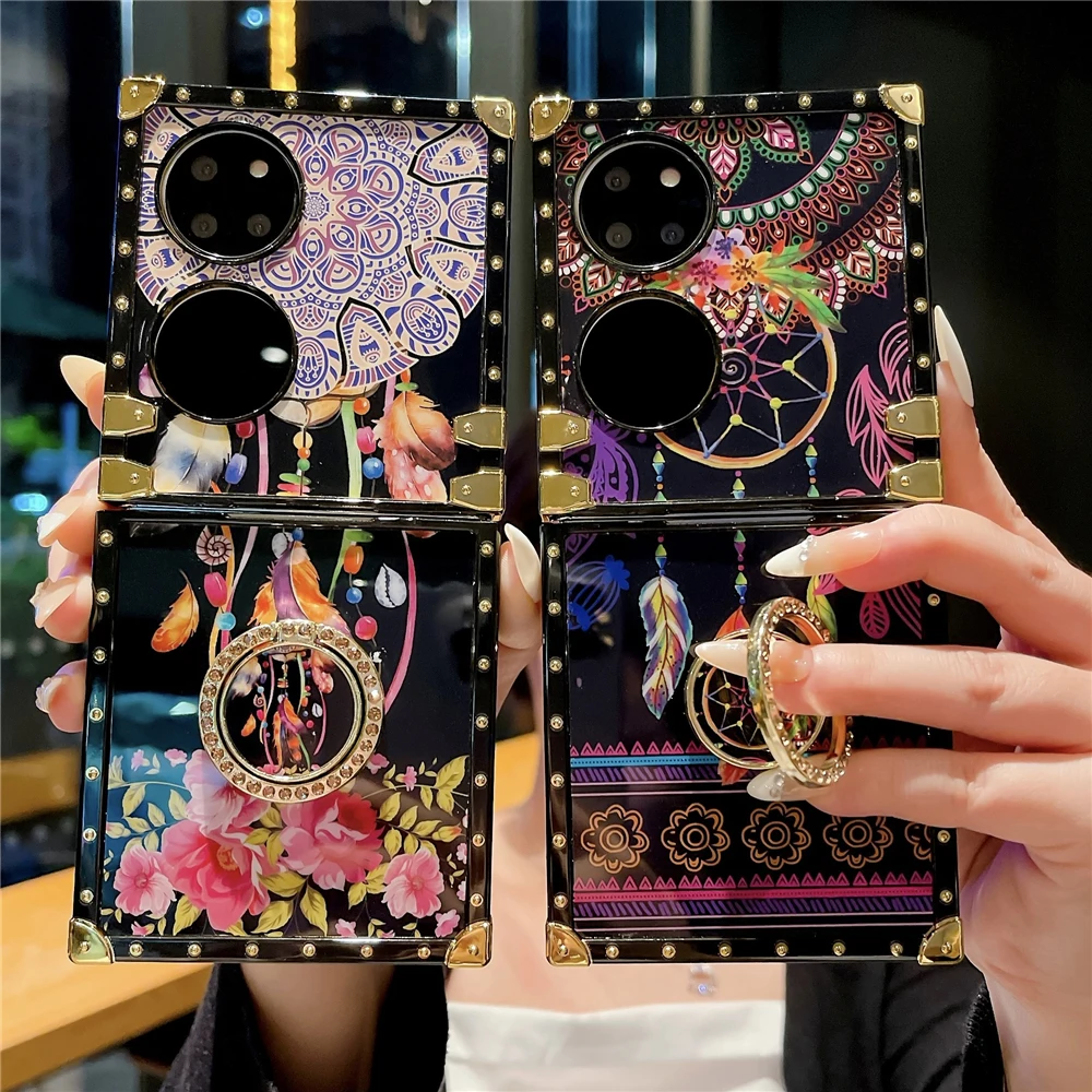 Модный позолоченный чехол с черной рамкой и цветами, квадратный чехол с красочными перьями и рисунком Ловца снов, чехол для телефона Huawei P50 Pocket