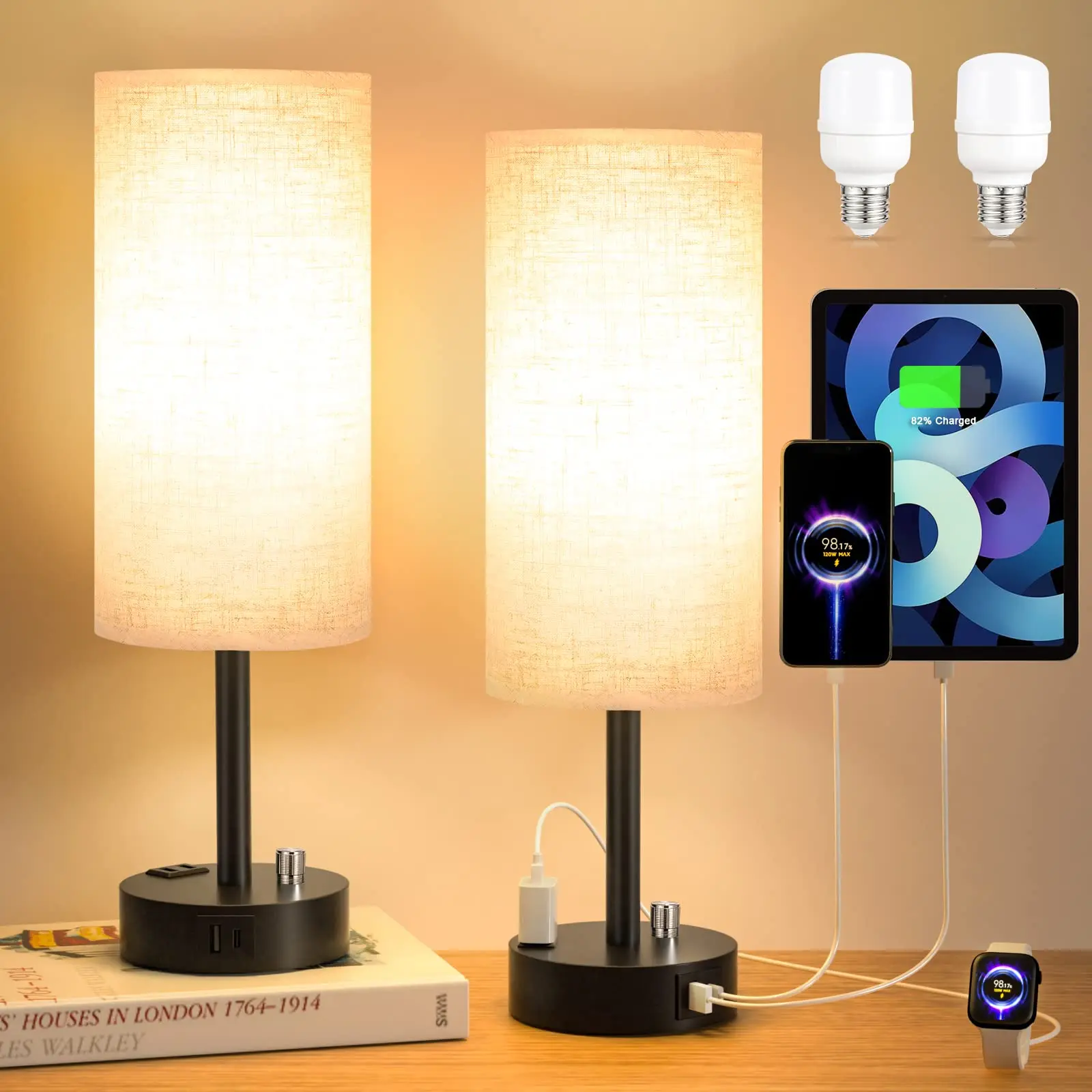 

Dimmable Bedside Lamp Table Lamp with USB Charging Port Reading Nightstand Lamp Lampshade for Bedroom Decoration Light Fixture