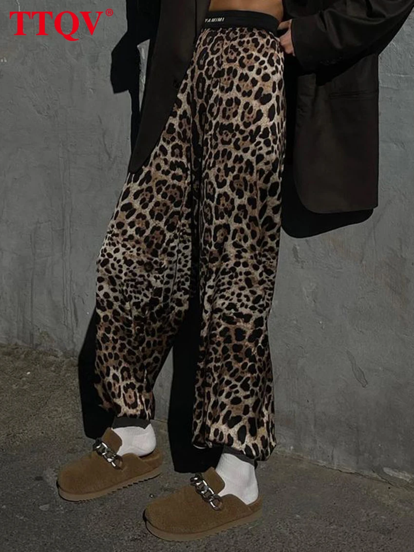 

TTQV Fashion Brown Leopard Print Women's Pants 2023 Elegant High Waisted Patchwork Trousers Casual Straight Ankle-Length Pants