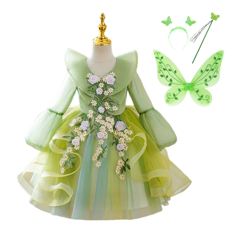 Tinkerbell Fairy Dress Girl Disney Princess Tiana Birthday Costume Halloween Party Cosplay Outfit With Wings Kids Green Frocks