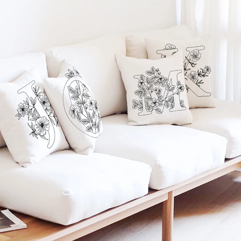 

45x45cm Black English Alphabet Flower Print Pillowcase Polyester Pillowcase Living Room Decoration