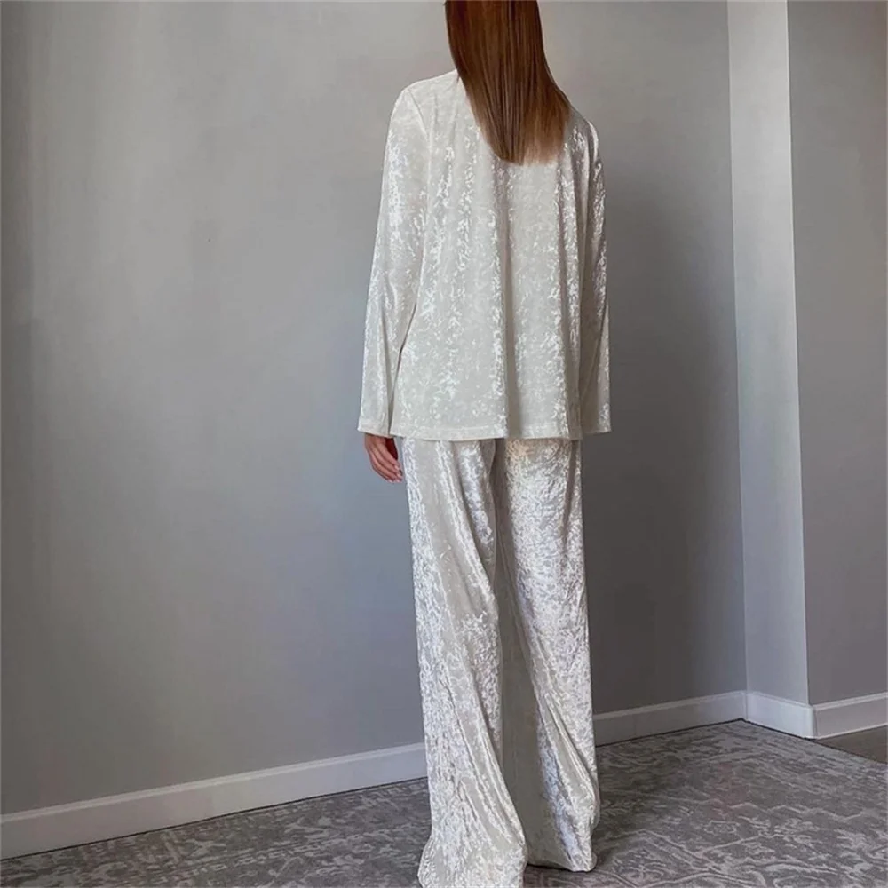 White Women 2 Piece Pants Set 2023 New in Elegant Sleepwear Home Loose Matching Sets Long Sleeve Blosue +  Wide Trousers Suit