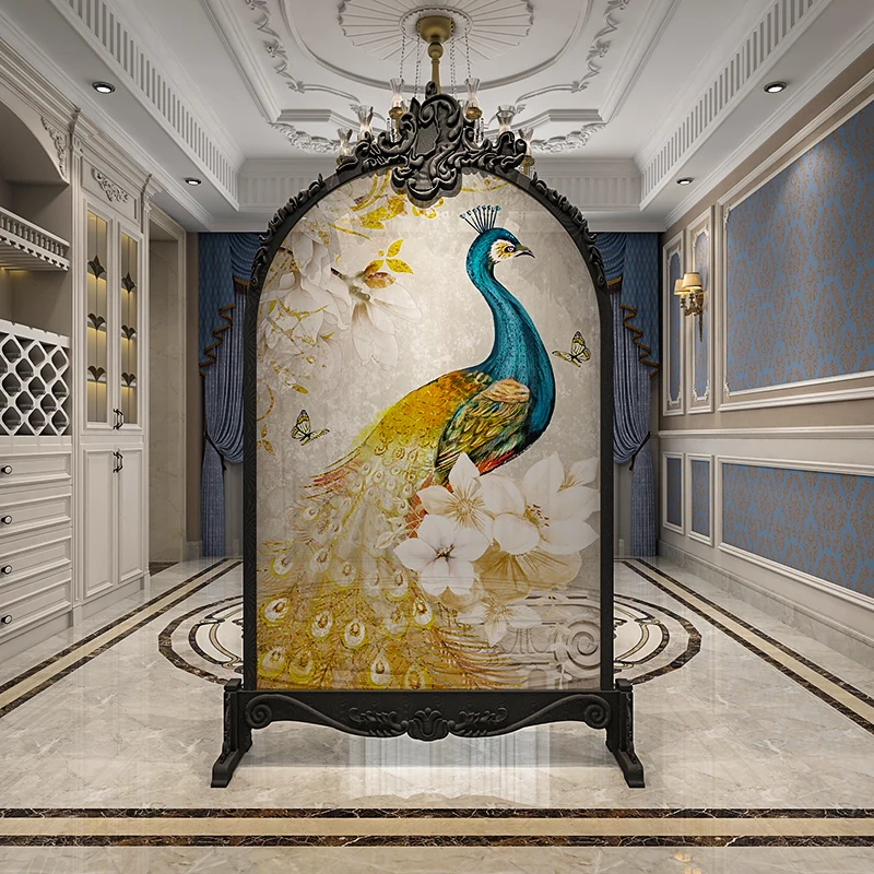

American-style screen partition living room porch to block high-end hotel mobile custom seat screen carved peacock
