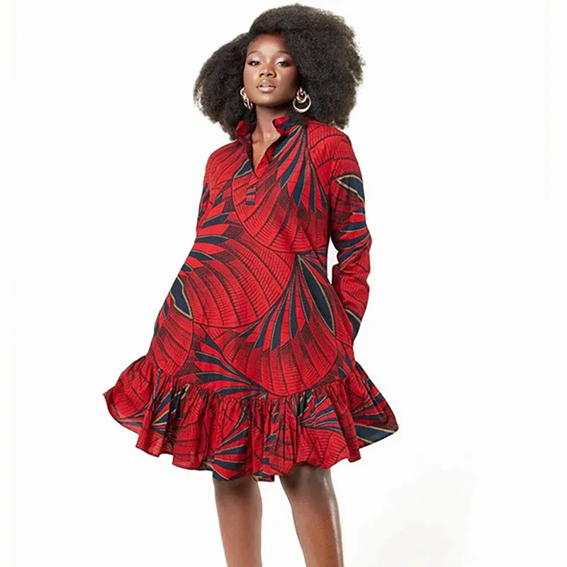 

Women African Ankara Print Mini Dress Africa Dashiki Traditional Clothing Casual Party Evening Dresses Lace Up Clothes Plus Size