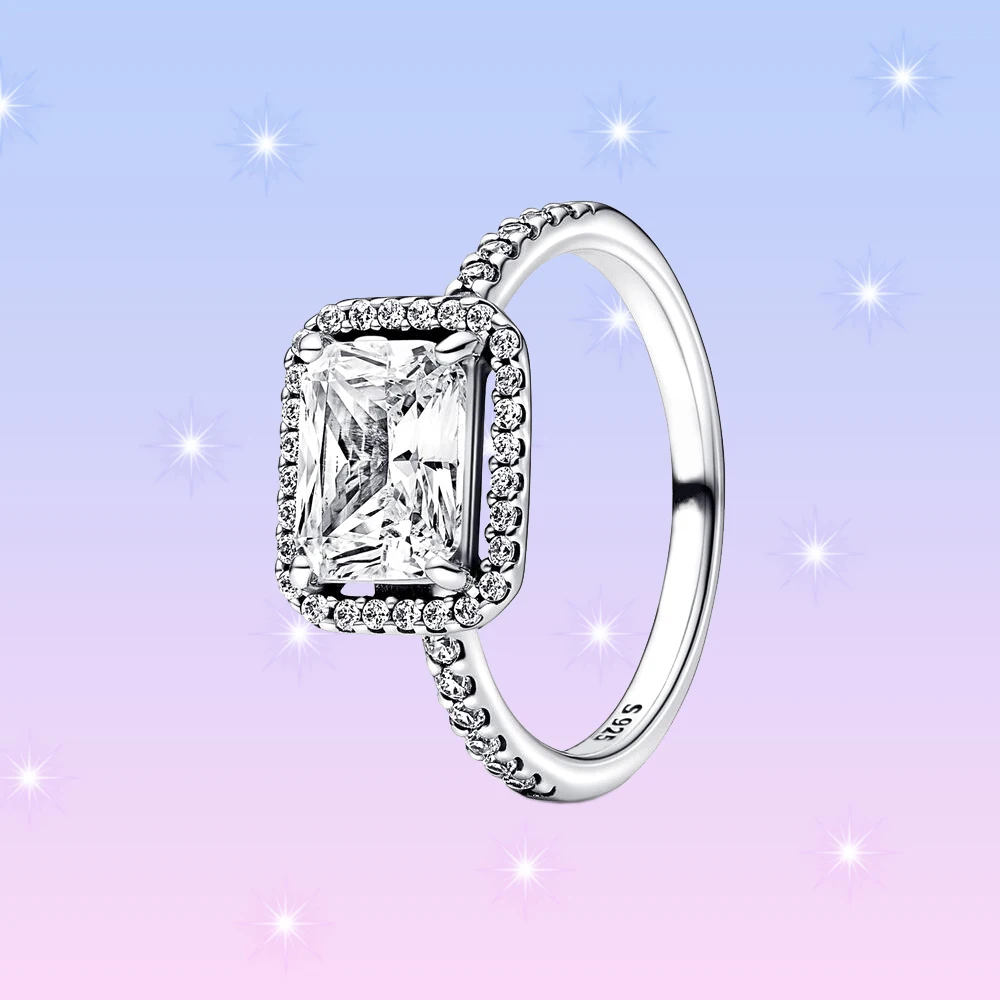 Pandora-Bague Halo Rectangulaire en Argent S925 pour Femme, Bijoux Classiques de Luxe, Cadeau de Proposition de Travailleurs