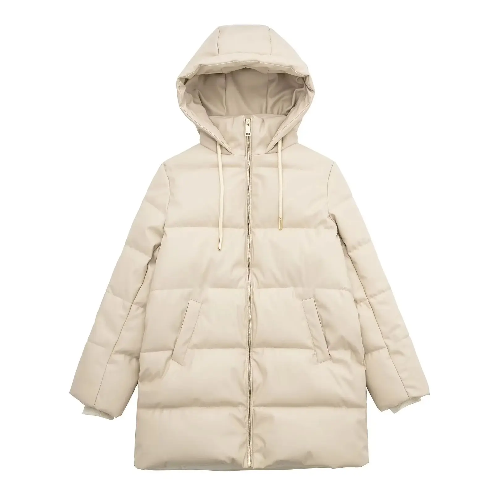 Winter Women's Two Colours Hooded Zipper Long Sleeve Pocket Long Faux PU Long Cotton Jacket Windproof Warm Fashion