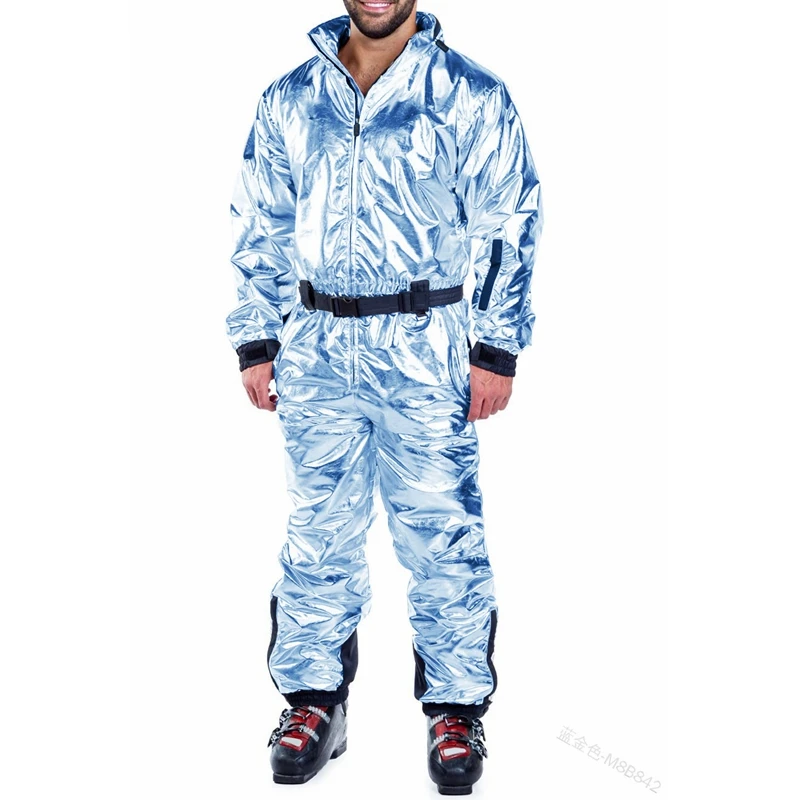 Winter Warm Skiing Parkas Jumpsuits Men Loose Zip Jumpsuits Men Long Sleeve Stand Collar High Waist Elastic Straight Jumpsuits