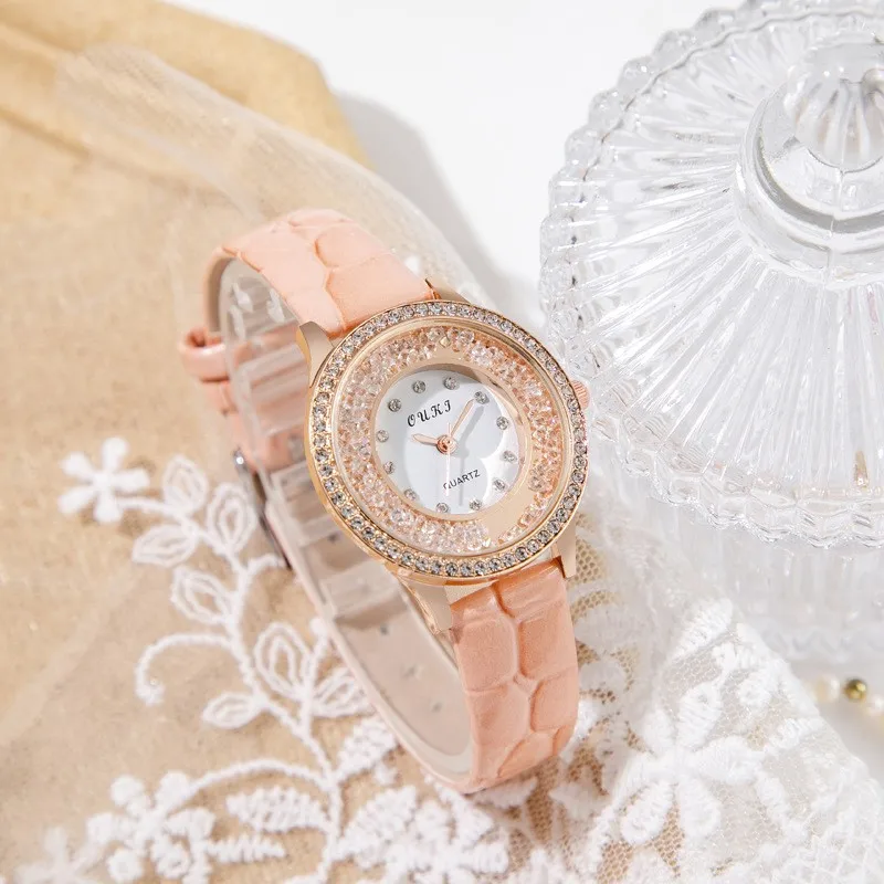 

Small Round Watch 2023 New Light Luxury Flowing Beads Summer Water Diamond Full Sky Star Watch Female Student Small Small Dial