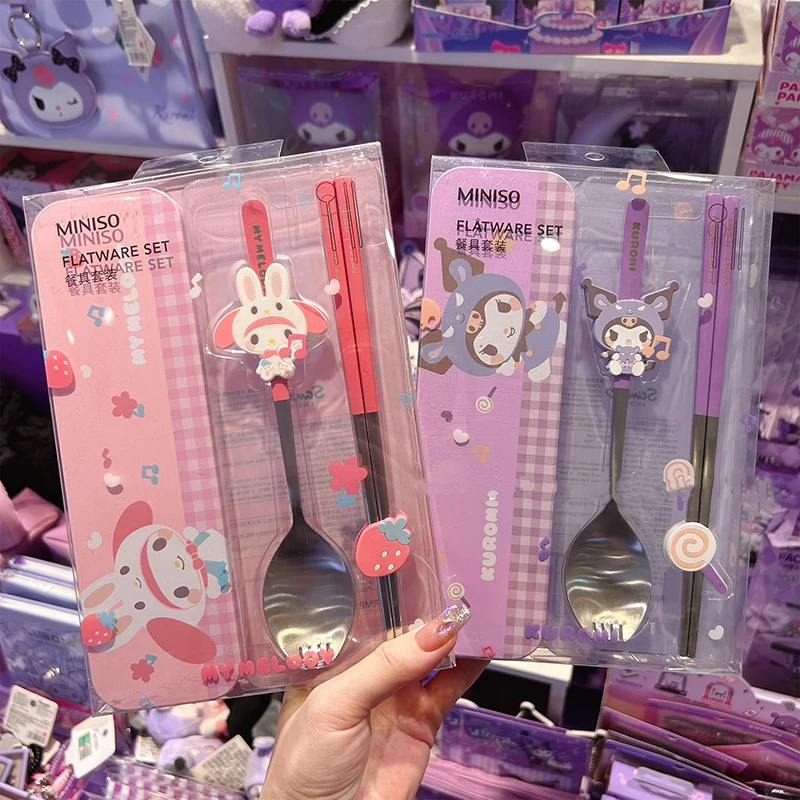 

Мультяшная Sanrioed My Melody Kuromi Cinnamoroll столовая посуда, милая портативная ложка, палочки для еды, игрушки