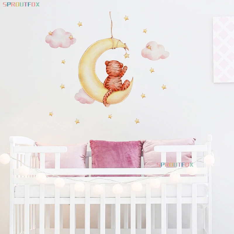 

Cartoon Tiger Sitting on the Moon Wall Stickers Wallpaper Children's Room Clouds Stars Wall Decals Baby Nursery Room Decoration