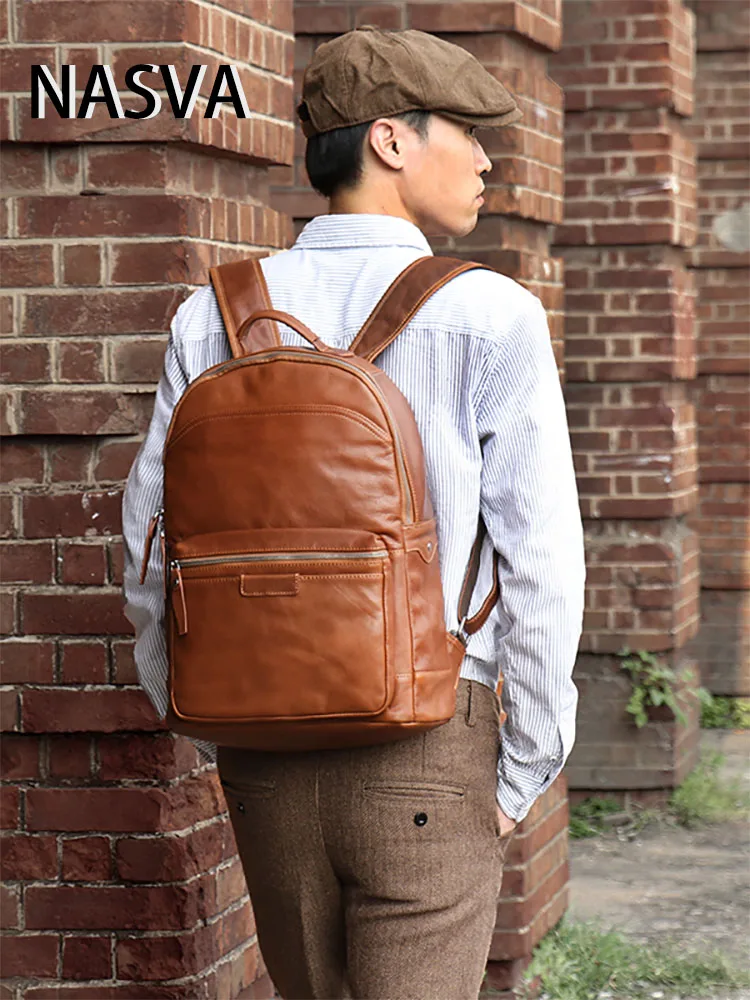 Кожаный рюкзак NASVA для мужчин сумка на плечо кемпинга школы и офиса портфель