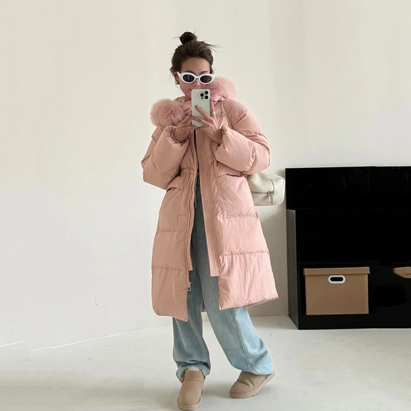 Зимний длинный пуховик женский толстый большой меховой воротник 90 белое пальто