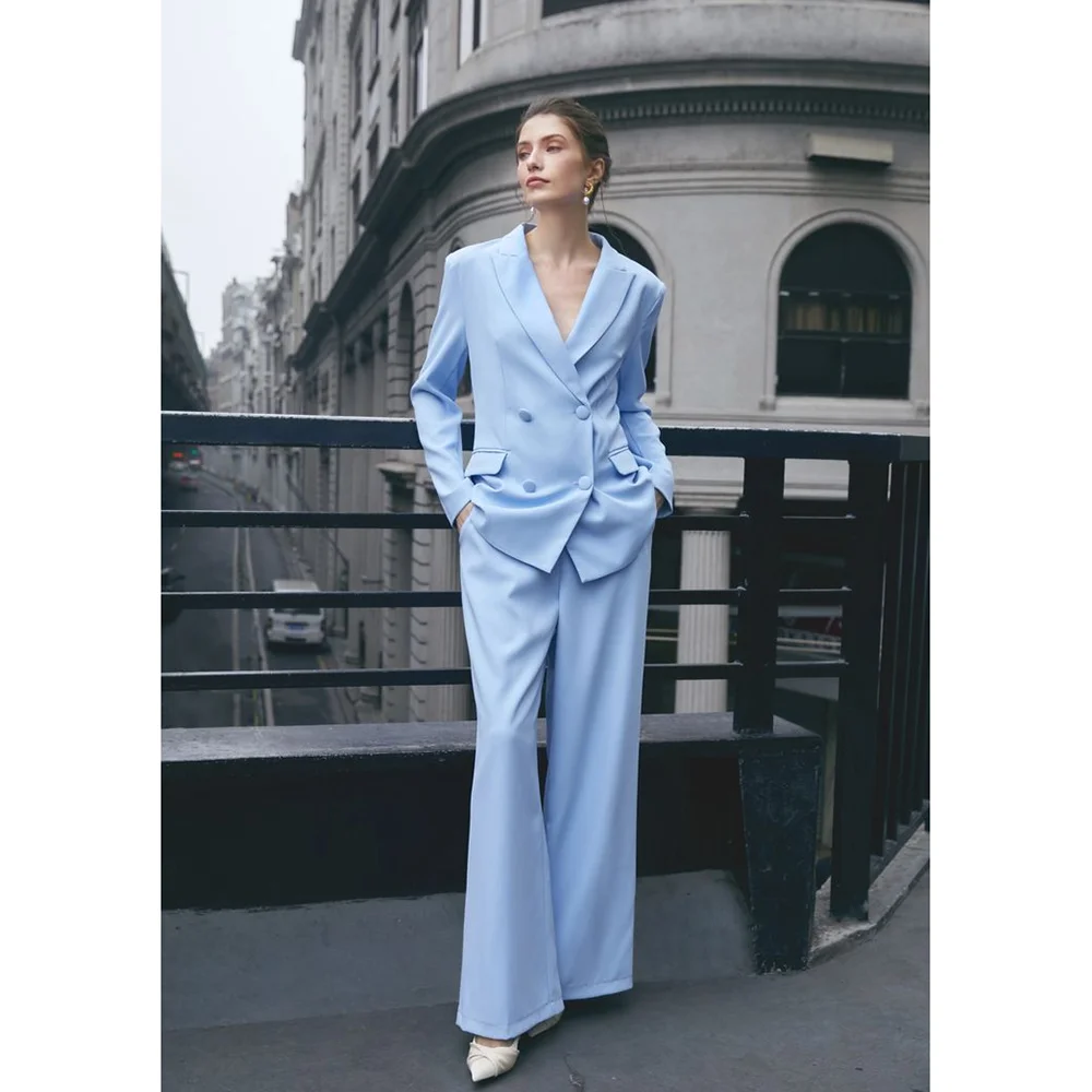 Женский костюм из двух предметов голубой двубортный Блейзер и брюки официальное