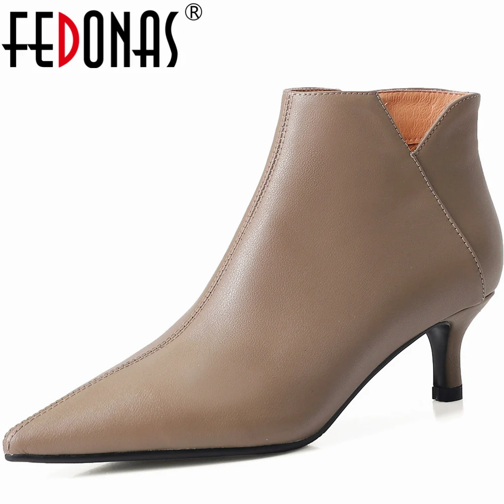 

FEDONAS 2023 Newest Women Ankle Boots Thin Heels Pointed Toe Mature Office Lady Shoes Women Genuine Leather Autumn Winter Basic