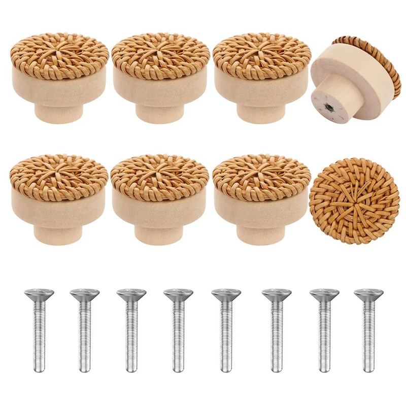 

Boho Rattan Dresser Knobs Round Wooden Drawer Knobs Handmade Wicker Woven And Screws For Furniture Knobs 8Pcs