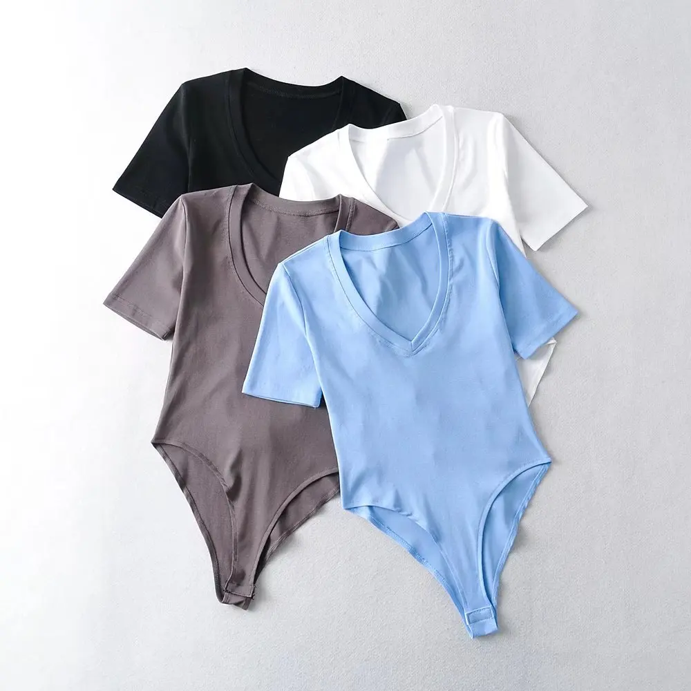 

Women Bodysuits Solid V-neck Short Sleeve T-shirt