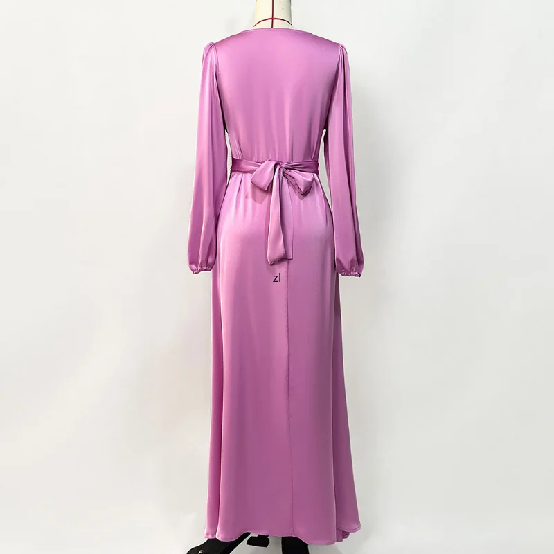 Women Moroccan Kaftan Solid Purple Pink V-neck Long Sleeve Rhinestone Belt Abayas For Women Dubai 2022 Latest