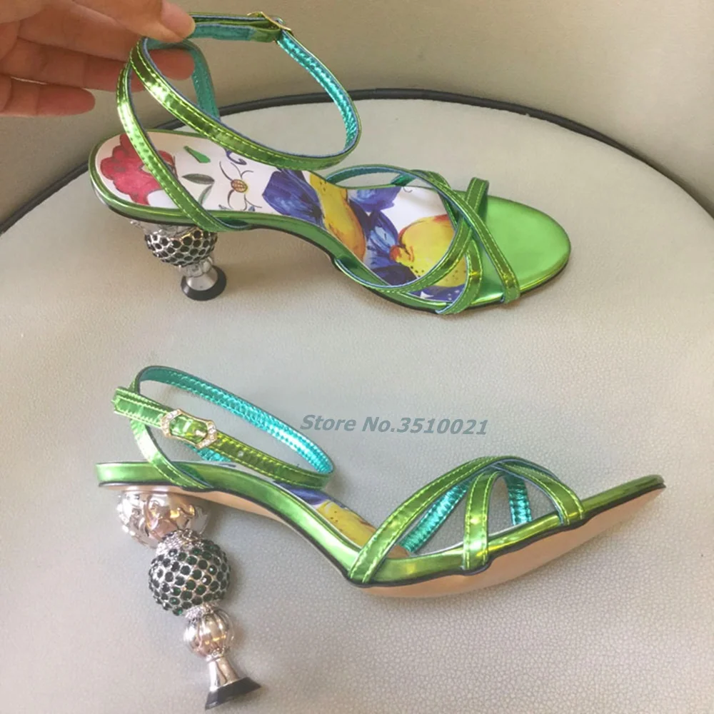 Diamond-studded Cylindrical Heel 2022 Summer New Colorblock Cross Strap Sandals Multicolor Novelty Style Summer Women's High Hee