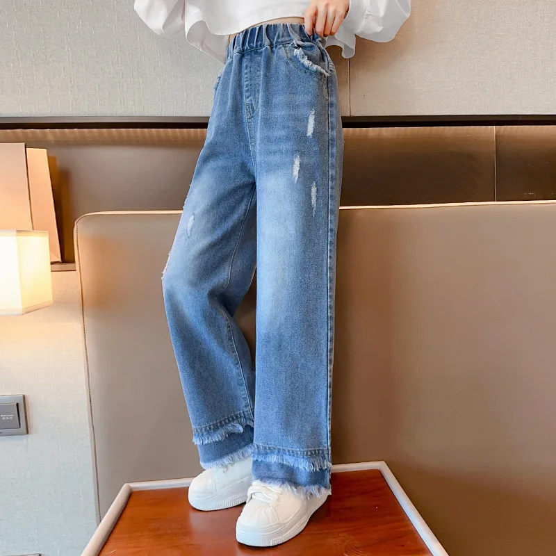 

Spring Fashion Wide Leg Pants for Teens Streetwear Double Raw Edge Design Denim Trousers Girls Clothes Elastic Waist Jeans 4-14Y