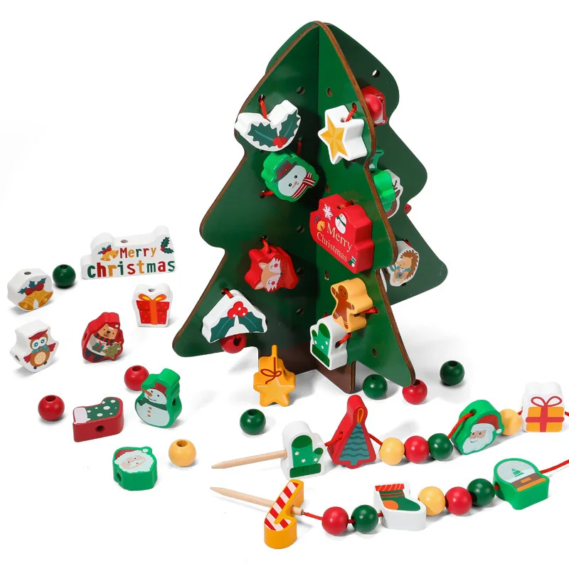 

Wooden String Beads Toys Christmas Tree Dress Up Game Building Block Threading Stacking Montessori Education Toy Kids Xmas Gifts