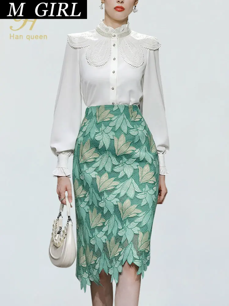 

M GIRLS Queen Autumn Korean 2 Pieces Set Beaded Puff Sleeves Shirts And Midi Lace Skirt Casual Simple Office Lady Skirt Suit
