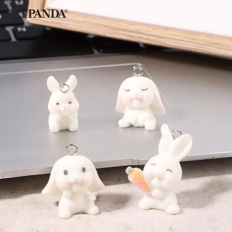 

1Pc Cartoon Flocking Rabbit Charms DIY Keychain Bracelets Necklaces Earring Bunny Pendant Keyring Jewelry Making Accessories