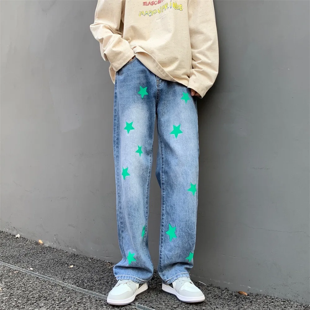 Four Seasons Men's Jeans Trend Pentagram Print Straight Loose Wide Leg Pants Fashion Men's Streetwear Ins Hot Sale Men Clothing